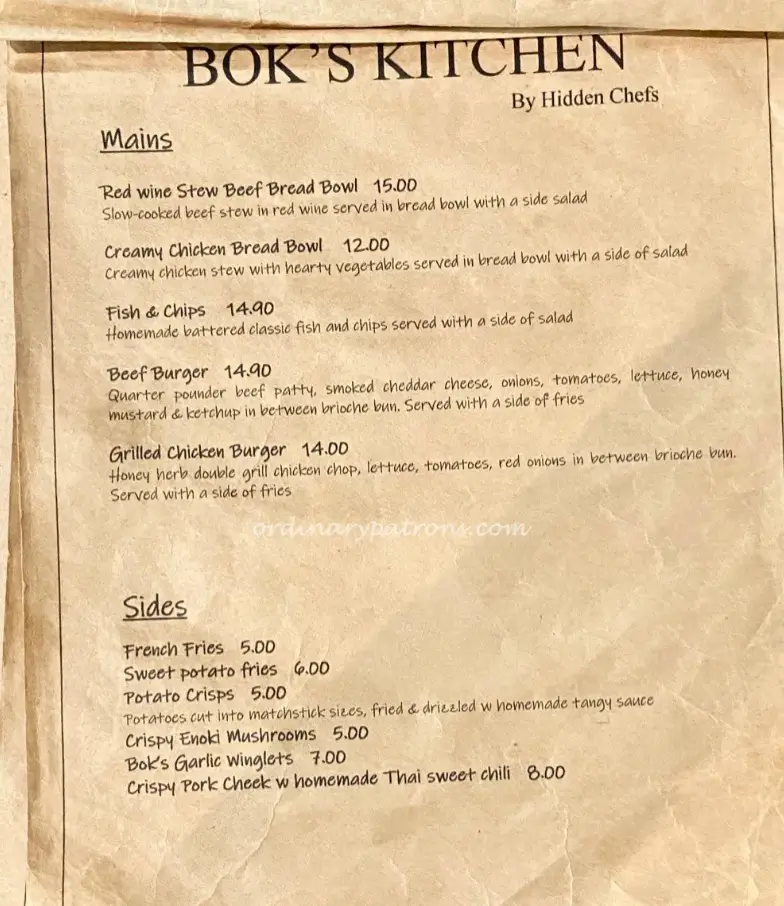 BOK’S KITCHEN MENU SINGAPORE